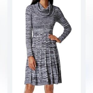 Calvin Klein Black White Cowl Neck Sweater Dress Fit n Flare Long Sleeve XL